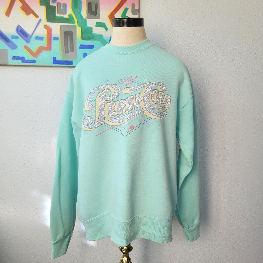 Vintage Late 80s Early 90s Pepsi Puff Paint Pastel Mint Green Sweatshirt